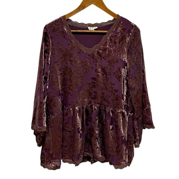 Pol Tops - POL Fairy Grunge Purple Velvet Burnout Long Sleeve Small Babydoll Boho Lace